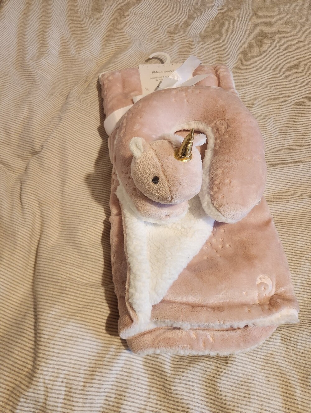 Warm And Cozy Newborn Girl Plush Pink Unicorn Neck Pillow and Blanket Set 30X40